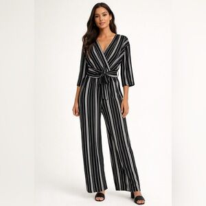 Express NWT Black White Striped Wrap Jumpsuit Tie Waist Wide Leg Large